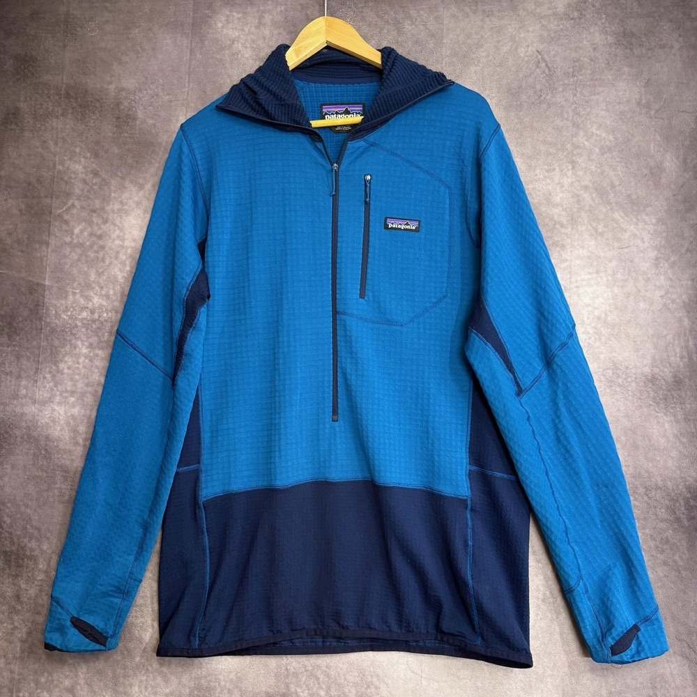 Patagonia R1 Hoodie Men's XL Blue Grid Fleece 1/2 Zip Hiking Layer Pullover